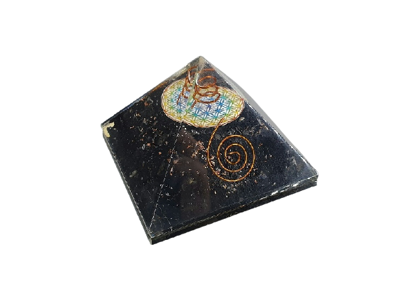 PIRAMIDE ORGONITE 7x7cm TURMALINA FLOR VIDA