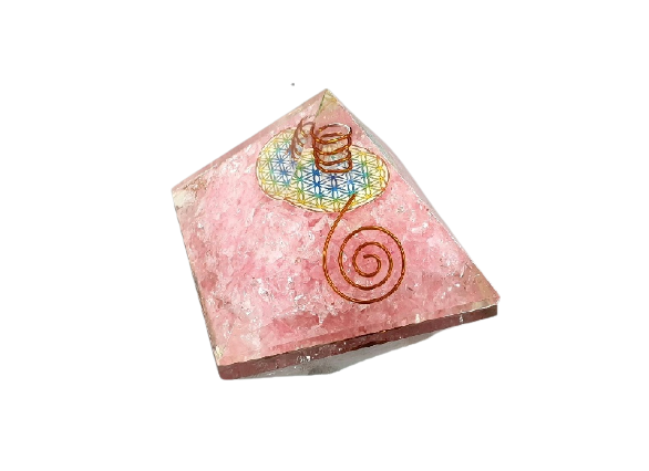 PIRAMIDE ORGONITE 7x7cm CUARZO ROSA FLOR VIDA